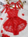 Women Heart Print Mesh Irregular Pearl Backless Nightdress Sexy Lingerie Set