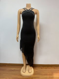 Women Beaded sexy off-shoulder Backless irregular solid bodycon dress