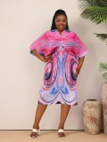 Plus Size Women V-neck Bat Sleeves Pleated Dress