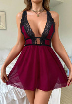 Erotic Lingerie Sexy Strap See Through Lace Patchwork Deep V-neck Night Dress Erotic Lingerie Sexy Strap See Through Lace Patchwork Deep V-neck Night Dress