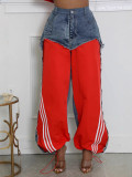 Women’s Streetwear Denim Patchwork Striped Drawstring Pants