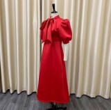 Plus size women's summer bow ladies solid color banquet dress skirt short sleeves