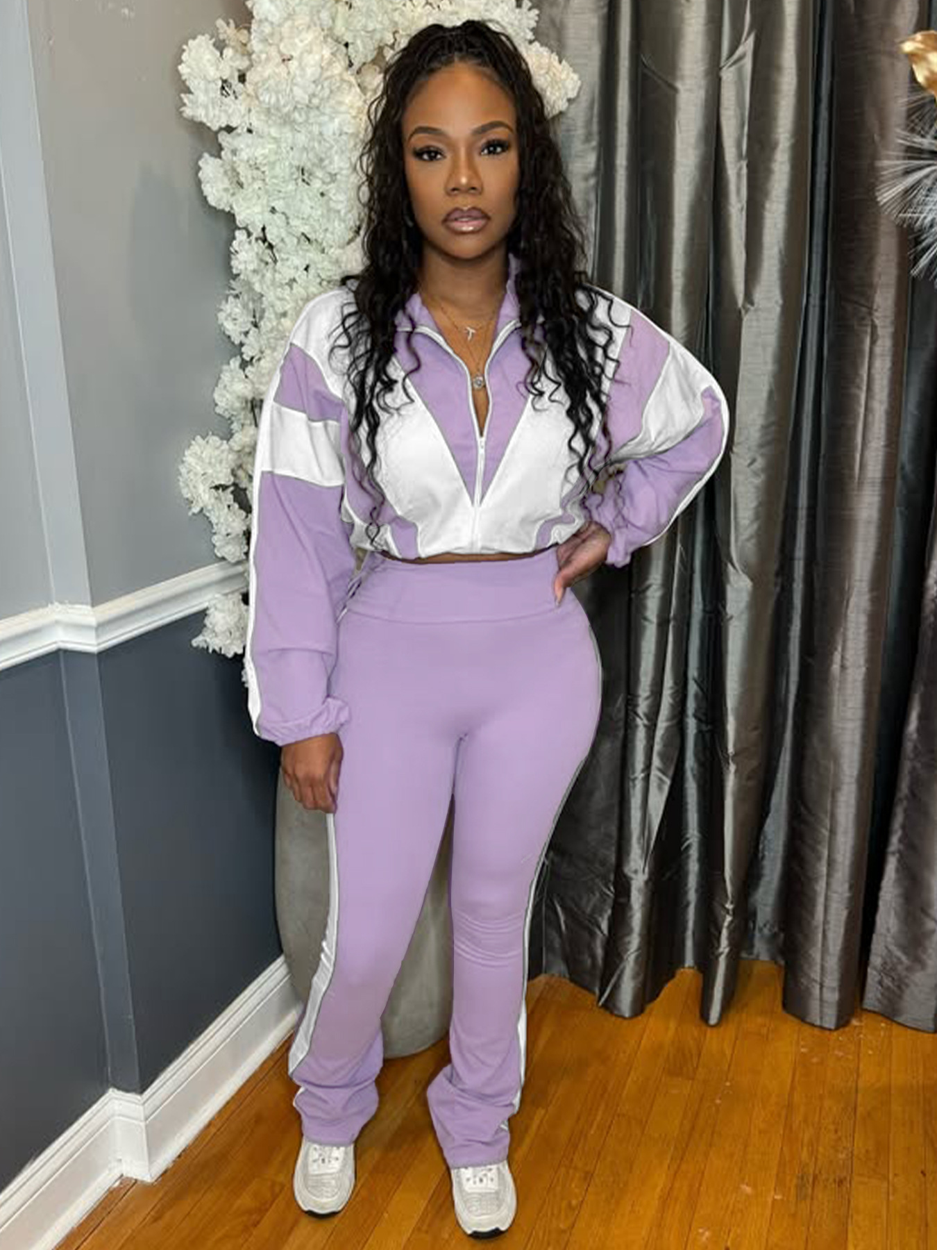 Women’s Casual Sportswear Color Block Slim Waist Two-Piece Jogger Set