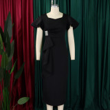 Women Elegant Ruffle Solid Bodycon Dress