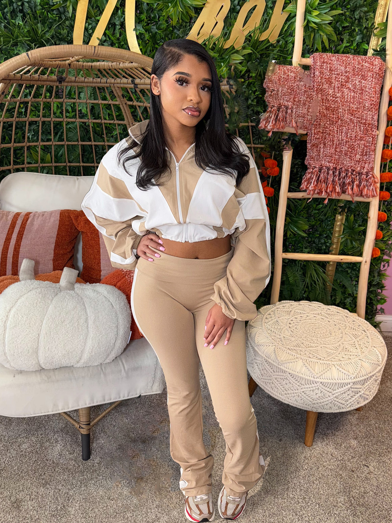 Women’s Casual Sportswear Color Block Slim Waist Two-Piece Jogger Set