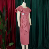 Women Elegant Ruffle Solid Bodycon Dress
