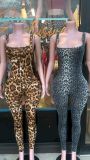 Leopard Print Sleeveless Square Neck Low Back Jumpsuit for Women