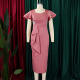 Women Elegant Ruffle Solid Bodycon Dress