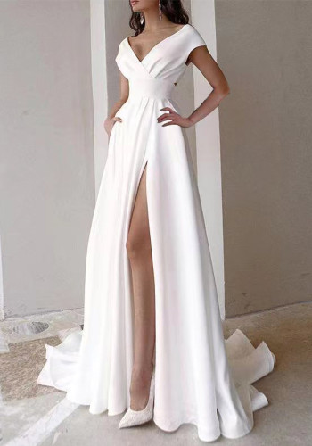 Women’s Chic Eveningwear Off Shoulder Solid Color Slit Maxi Dress