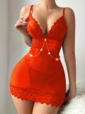 Erotic Lingerie Sexy Strap See Through Lace Patchwork V-neck Slit Night Dress