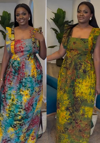 Women’s Fashionable Elegant Ruffled Strap Backless Pleated Print Dress