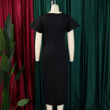 Women Elegant Ruffle Solid Bodycon Dress