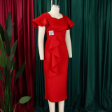 Women Elegant Ruffle Solid Bodycon Dress