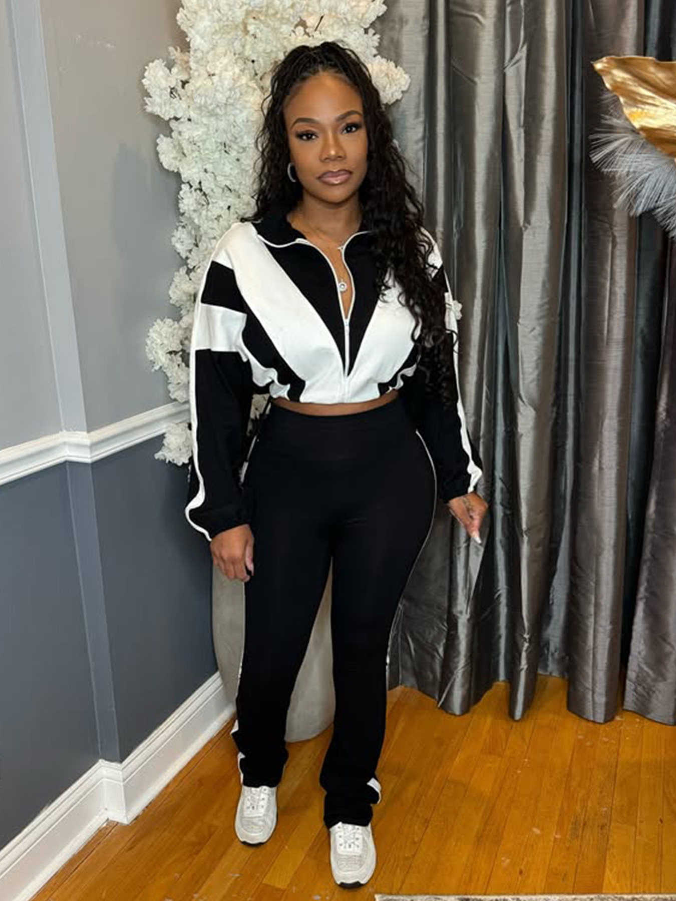 Women’s Casual Sportswear Color Block Slim Waist Two-Piece Jogger Set