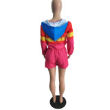 Women’s Casual Spring Color Block Patchwork Two-Piece Hooded Shorts Set