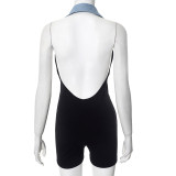 Women’s Summer Fashion Slim Fit Contrast Denim Short Jumpsuit