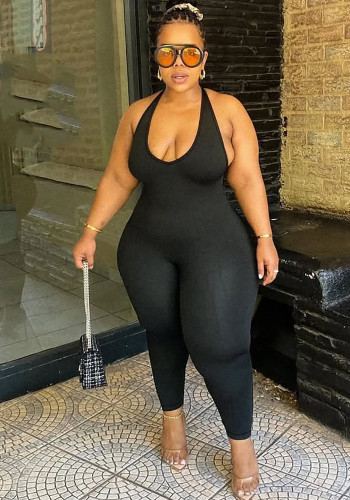Spring Summer Women’s Fashion Plus-Size Sexy Halter Neck Low Back Jumpsuit