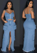 Women’s Fashion Zipper Strap Top Cargo Denim Skirt Set Women’s Fashion Zipper Strap Top Cargo Denim Skirt Set