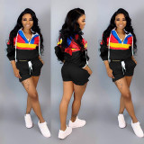 Women’s Casual Spring Color Block Patchwork Two-Piece Hooded Shorts Set