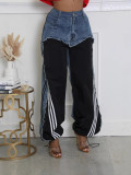 Women’s Streetwear Denim Patchwork Striped Drawstring Pants