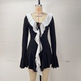 Women’s Fashion Color Block Ruffled V-neck Bell Sleeves Casual Dress