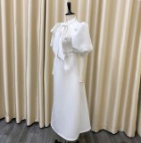 Plus size women's summer bow ladies solid color banquet dress skirt short sleeves