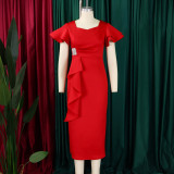 Women Elegant Ruffle Solid Bodycon Dress