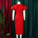Women Elegant Ruffle Solid Bodycon Dress