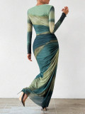Women’s Sexy Round Neck Mesh Print Ruched Slit Dress