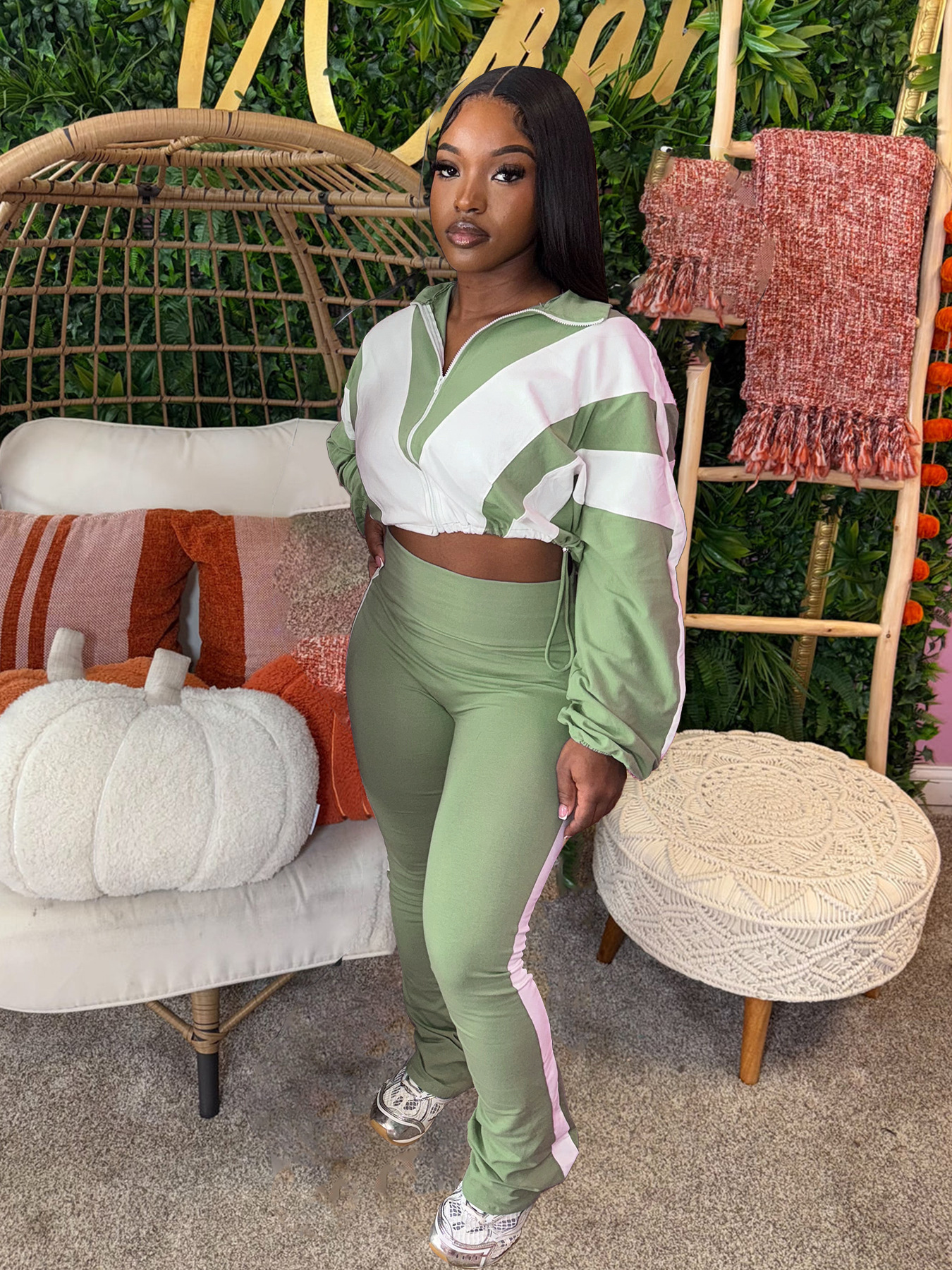 Women’s Casual Sportswear Color Block Slim Waist Two-Piece Jogger Set