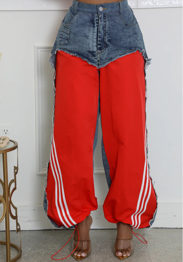 Women’s Streetwear Denim Patchwork Striped Drawstring Pants
