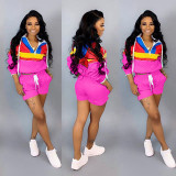 Women’s Casual Spring Color Block Patchwork Two-Piece Hooded Shorts Set