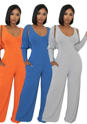 Women’s Fashion Ribbed High-Stretch Cape Top Sleeveless Jumpsuit Set