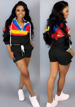 Women’s Casual Spring Color Block Patchwork Two-Piece Hooded Shorts Set Women’s Casual Spring Color Block Patchwork Two-Piece Hooded Shorts Set