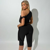 Women’s Summer Fashion Plus-Size Solid One-Shoulder Tie Top Shorts Set