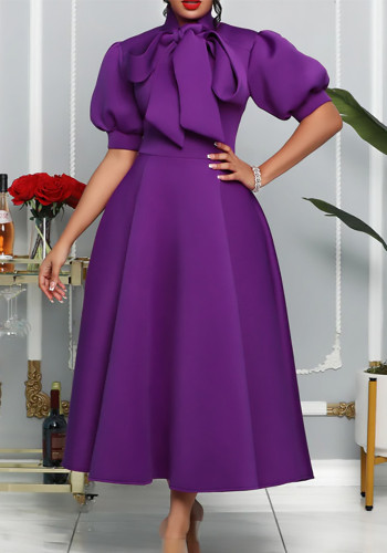 Plus size women's summer bow ladies solid color banquet dress skirt short sleeves