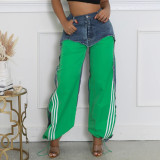Women’s Streetwear Denim Patchwork Striped Drawstring Pants