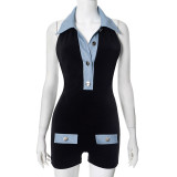 Women’s Summer Fashion Slim Fit Contrast Denim Short Jumpsuit
