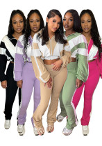 Women’s Casual Sportswear Color Block Slim Waist Two-Piece Jogger Set