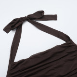 Women summer backless halter neck mesh see-through dress