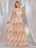 Women V-neck sequin patchwork dinner evening dress