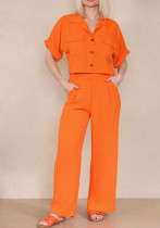 Women Casual Orange Short Sleeve Top and trousers two-piece set