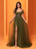 Women Chiffon green slit fishtail bridesmaid Formal Party Evening Dress
