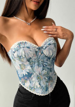 Women street retro flower print herringbone lace lace French herringbone Top