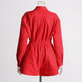 Women Turndown Collar long sleeve solid shirt Top and Casual shorts two-piece set