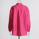 Women Turndown Collar long sleeve solid shirt Top and Casual shorts two-piece set