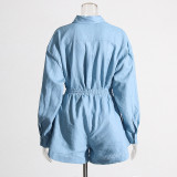 Women Turndown Collar long sleeve solid shirt Top and Casual shorts two-piece set