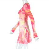 Women Printed Turtleneck Top and Skirt Two-piece Set