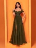 Women Chiffon green slit fishtail bridesmaid Formal Party Evening Dress