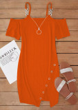 Women Fall and Winter V-neck Short Sleeve Solid Metal Slit Dress